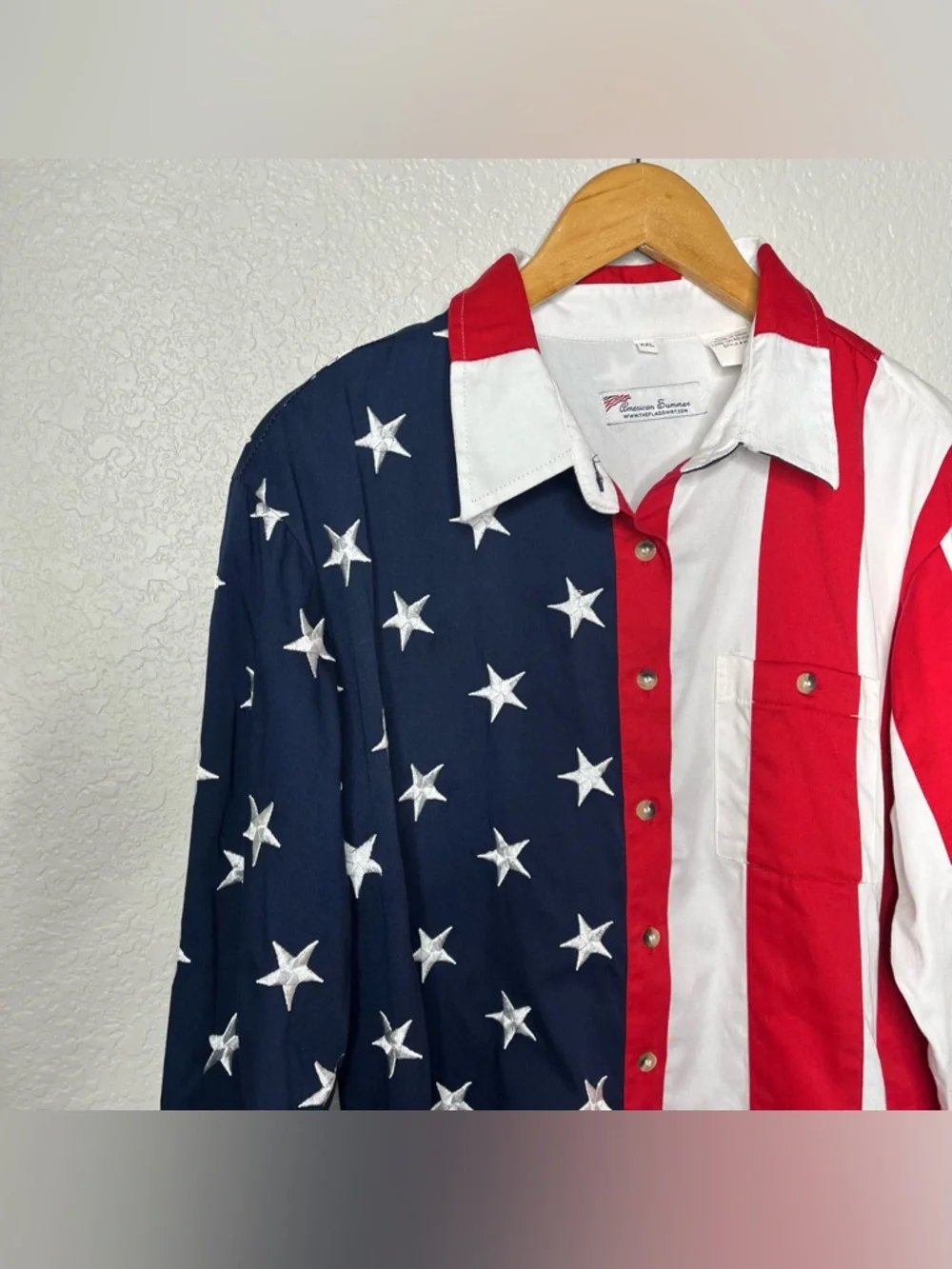American Summer USA Flag Button Shirt XXL Patriotic Stars Stripes Red White Blue - Picture 6 of 8